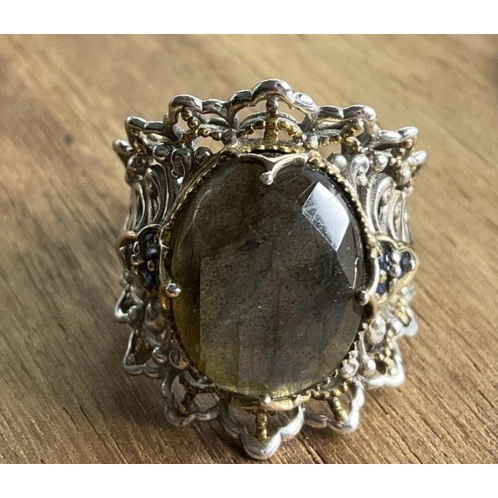 Vintage Sterling Silver Labradorite Ring Size 8 Ornate Filigree Statement